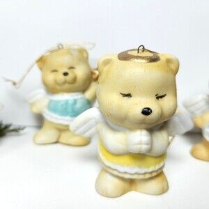 Vintage Angel Bear Ornaments Lot of 4 Hanging Ceramic Praying Star Wings Bisque